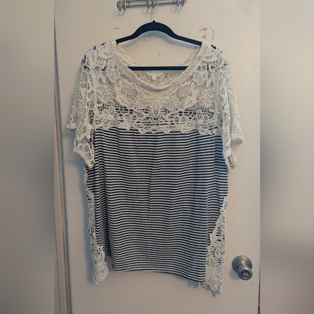 Adiva Black and White Striped Lace Top